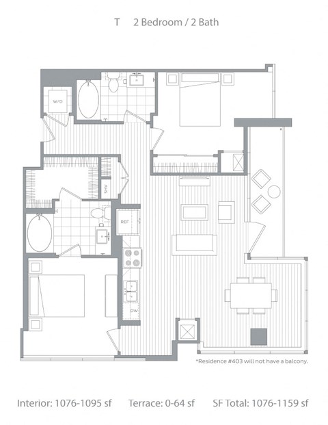 Floor plan for 2 beds, 2 baths, 1159 sqft
